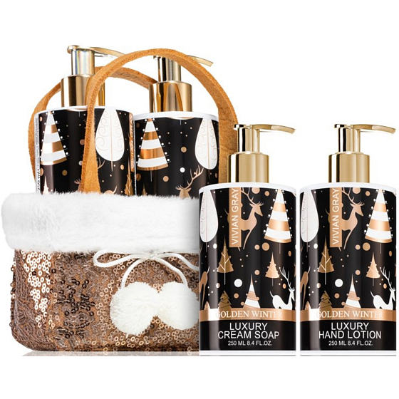 Vivian Gray Christmas Brown Ylang a Vanilka tekuté mýdlo dávkovač 250 ml + mléko na ruce 250 ml + taštička, kosmetická sada pro ženy