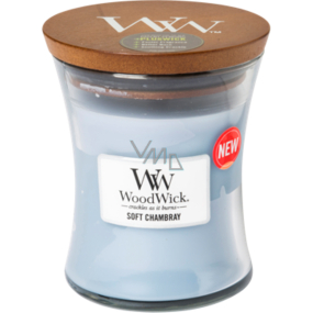 WoodWick Soft Chambray - Čisté prádlo vonná svíčka s dřevěným knotem a víčkem sklo malá 85 g