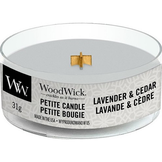 WoodWick Lavender & Cedar - Levandule a cedr vonná svíčka s dřevěným knotem petite 31 g