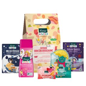 Kneipp Velké koupací překvapení pro holky Vesmírná jízda sůl do koupele 40 g + Mléčná dráha pěna do koupele 40 g + Mořská princezna šampon a sprchový gel 200 ml + Třesky Plesky pěna do koupele 40 ml + Superhrdinové šumivá tableta do koupele 80 g, kosmetická sada pro děti