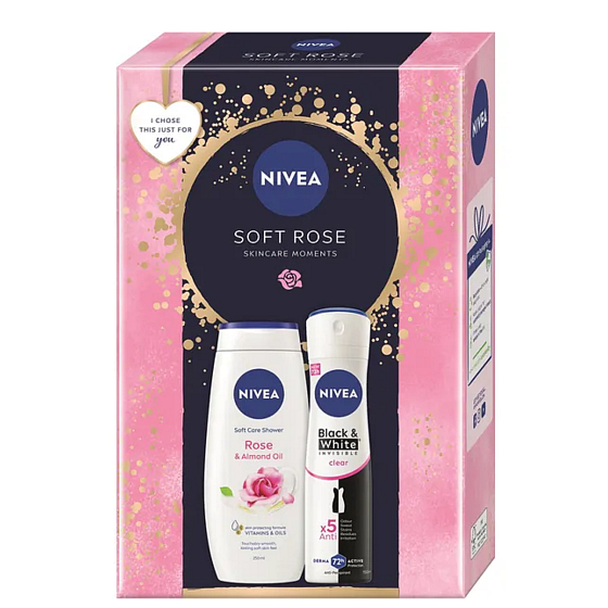 Nivea Soft Care Rose & Almond Oil sprchový gel 250 ml + Nivea Black & White Invisible Clear antiperspirant sprej 150 ml, kosmetická sada pro ženy
