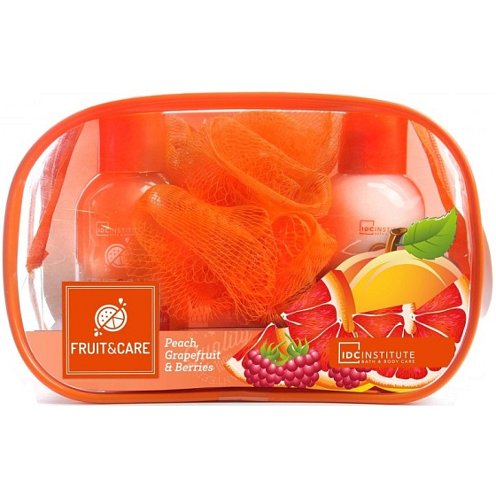 Idc Institute Fruit & Care Peach, Grapefruit & Berries Cestovní set sprchový gel 100 ml + tělové mléko 100 ml + mycí houbička + etue, kosmetická sada
