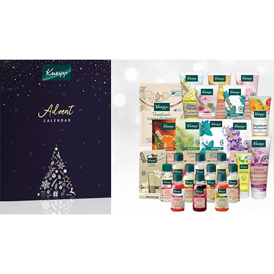 Kneipp Adventní kalendář mix koupelových a masážních olejů, sprchových gelů, tělových peelingů, solí do koupele, tělové mléko, balzámu na rty a krémů na ruce, kosmetická sada