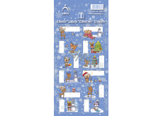 Arch Vánoční etikety samolepky na dárky Jelínek s čepicí, modrý arch 12 etiket