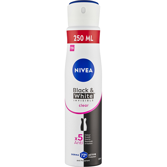 Nivea Black & White Invisible Clear antiperspirant ve spreji pro ženy, 250 ml