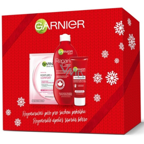 Garnier Reparing Care regenerační tělové mléko pro suchou pokožku 400 ml + Reparing Care regenerační krém na ruce 100 ml + Moisture + Comfort textilní pleťová maska 32 g, kosmetická sada