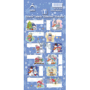 Arch Vánoční etikety samolepky na dárky Medvídek s čepicí a stromeček, modrý arch 12 etiket