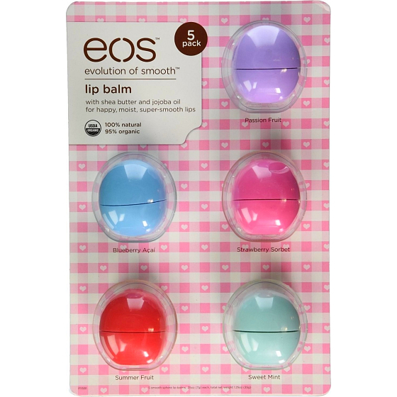 Eos Lip Balm 5 Pack Passion Fruit, Blueberry Acai, Strawberry Sorbet, Summer Fruit, Sweet Mint balzám na rty 5 x 7 g
