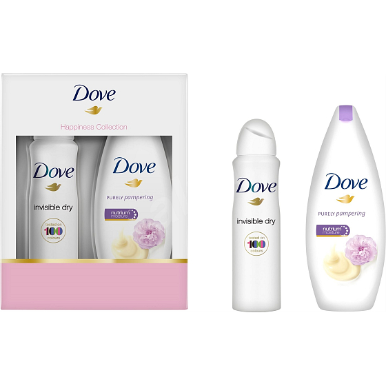 Dove Purely Pampering Smetana a pivoňka sprchový gel pro ženy 250 ml + Invisible Dry antiperspirant sprej 150 ml, kosmetická sada
