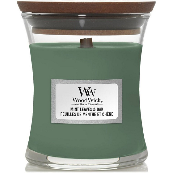 WoodWick Mint Leaves & Oak - Mátové lístky a dub vonná svíčka s dřevěným knotem a víčkem sklo malá 85 g