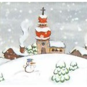 Nekupto Vánoční kartičky na dárky Zasněžený kostel se sněhulákem 6,5 x 6,5 cm 6 kusů