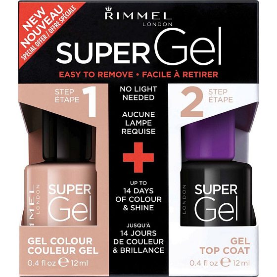Rimmel London Super Gel by Kate lak na nehty 012 Soul Session 12 ml + Super Gel Top Coat krycí lak na nehty 001 Transparent 12 ml, duopack