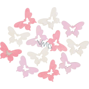 Motýl dřevěný béžová, růžová, světle fialová 4 cm, 12 kusů