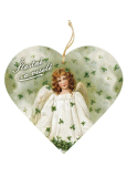 Bohemia Gifts Dřevěné dekorační srdce s potiskem Anděl se čtyřlístky 12 cm