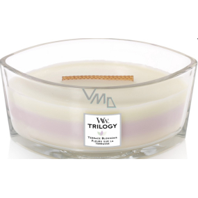 WoodWick Trilogy Terrace Blossom - Květinová terasa vonná svíčka s dřevěným širokým knotem a víčkem loď 453 g