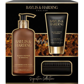 Baylis & Harding Men Černý pepř a Ženšen mýdlo na ruce 300 ml + balzám na ruce 50 ml + kartáč na nehty, kosmetická sada pro muže