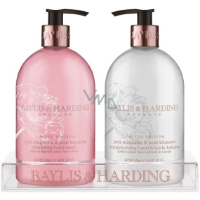 Baylis & Harding Růžová magnólie a Hruškový květ tekuté mýdlo dávkovač 500 ml + mléko na ruce dávkovač 500 ml, kosmetická sada