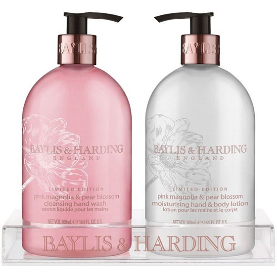 Baylis & Harding Růžová magnólie a Hruškový květ tekuté mýdlo dávkovač 500 ml + mléko na ruce dávkovač 500 ml, kosmetická sada