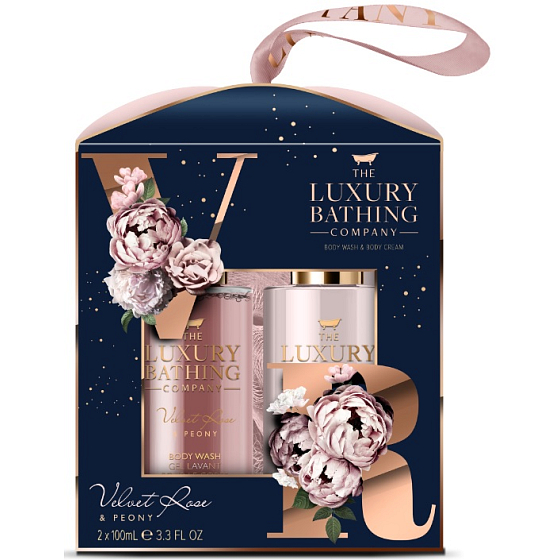 Grace Cole Velvet Rose & Peony mycí gel 100 ml + tělový krém 100 ml + mycí houba, kosmetická sada pro ženy