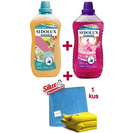 Sidolux Universal Cherry Cherry Lady mycí prostředek na všechny omyvatelné povrchy a podlahy 1 l + Tropical Dream univerzální mycí prostředek na všechny omyvatelné povrchy a podlahy 1 l + utěrka, sada
