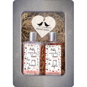 Bohemia Gifts Šťastný domov sprchový gel pro ženy 250 ml + šampon na vlasy 250 ml + dřevěné srdce 1 kus, plechový box kosmetické sada