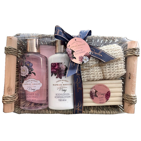 Raphael Rosalee Flowers Pivoňka sprchový gel 150 ml + tělové mléko 150 ml + toaletní mýdlo 100 g + masážní žínka + ošatka, kosmetická sada