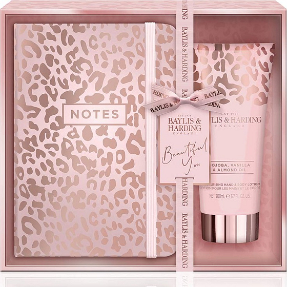 Baylis & Harding Jojoba, Vanilka a Mandlový olej mléko na ruce a tělo 200 ml + zápisník, kosmetická sada