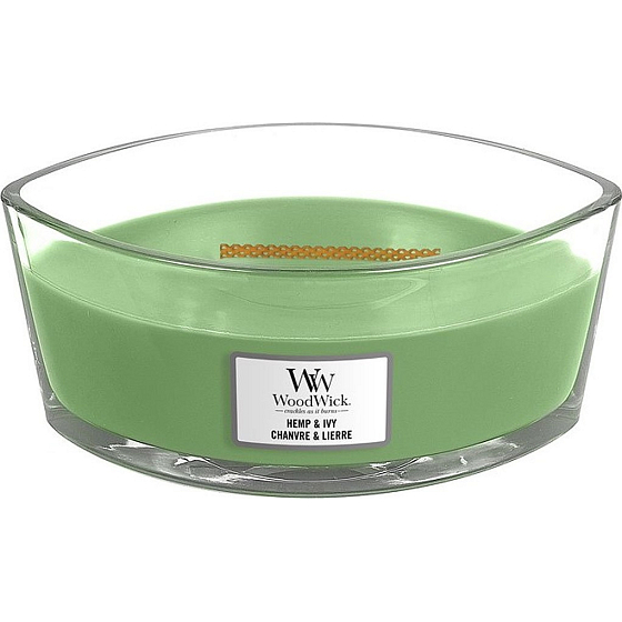 WoodWick Hemp & Ivy - Konopí a břečťan vonná svíčka s dřevěným širokým knotem a víčkem loď 453 g