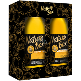 Nature Box Makadamia sprchový gel se 100% za studena lisovaným olejem, vhodné pro vegany pro jemnou pokožku 385 ml + tělové mléko 385 ml, kosmetická sada