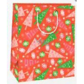 Ditipo Dárková papírová taška 26,4 x 13,6 x 32,7 cm Vánoční červená - zelené a růžové stromky