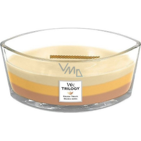 WoodWick Trilogy Golden Treats - Zlaté lahůdky vonná svíčka s dřevěným širokým knotem a víčkem loď 453 g