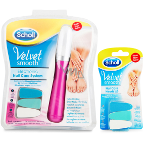 Scholl Velvet Smooth Nail Care System Pink elektrický pilník na nehty + Scholl Velvet Smooth Pink náhradní hlavice do elektrického pilníku na nehty 3 kusy, duopack