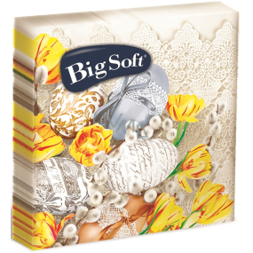 Big Soft Papírové ubrousky 2 vrstvé 33 x 33 cm 20 kusů Velikonoční béžová vajíčka a žluté květy