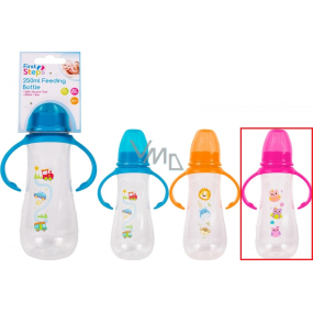 First Steps Feeding Bottle 0+ kojenecká lahev čirá s úchopy Sova růžová 250 ml