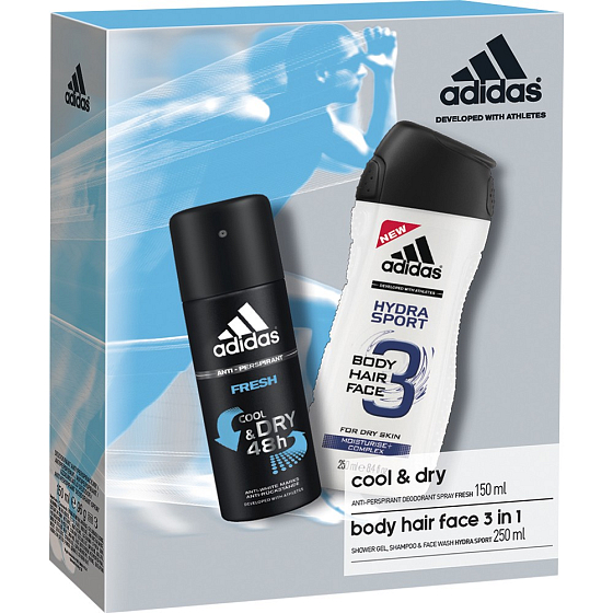 Adidas Cool & Dry Fresh antiperspirant deodorant sprej pro muže 150 ml + Hydra Sport 3v1 sprchový gel na tělo, vlasy a tvář pro muže 250 ml, kosmetická sada