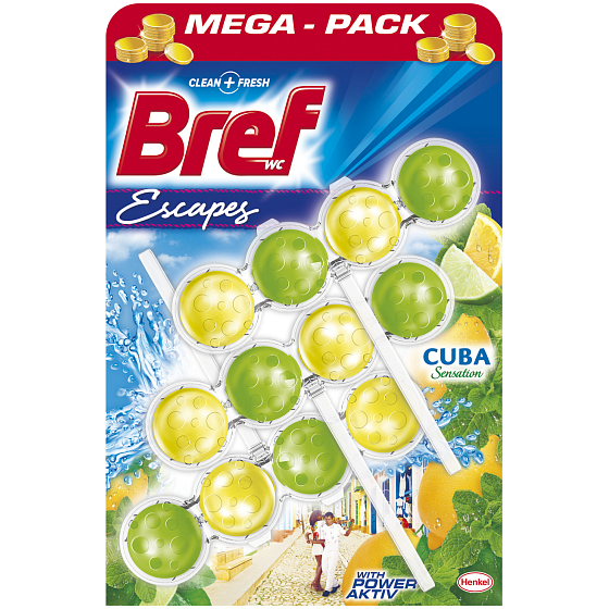 Bref Escapes Power Aktiv Cuba Sensation WC blok pro hygienickou čistotu a svěžest Vaší toalety, zbarvuje vodu 3 x 50 g