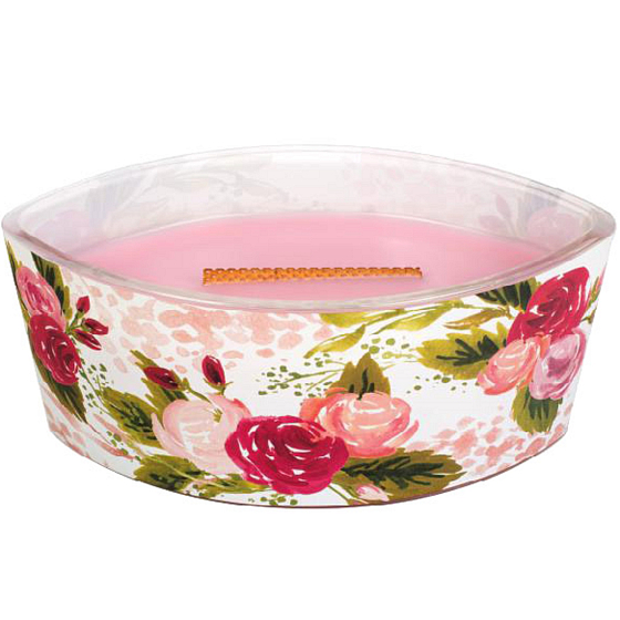 WoodWick Illustrated Moms Rose - Růže vonná svíčka s dřevěným širokým knotem a víčkem sklo loď 453 g