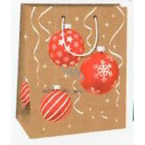 Ditipo Dárková papírová taška 26,4 x 13,6 x 32,7 cm Vánoční hnědá - červené baňky