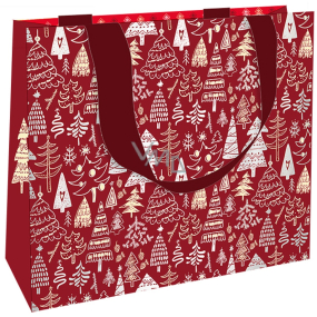 Nekupto Dárková papírová taška s ražbou 23 x 18 cm Vánoční červená se stromečky