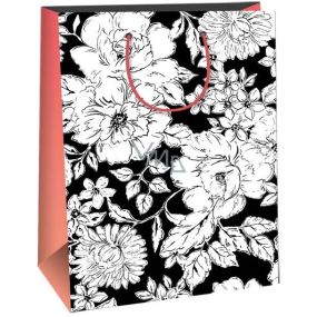 Ditipo Dárková papírová taška 22 x 10 x 29 cm Kreativ černá, bílé květy