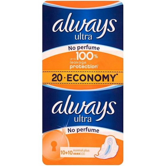Always Ultra Normal Plus No Perfume neparfémované hygienické vložky s křidélky 20 kusů