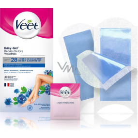 Veet Easy-Gel Tělo a nohy depilační voskové pásky pro citlivou pokožku 40 kusů + Perfect Finish ubrousky pro závěrečnou péči 4 kusy