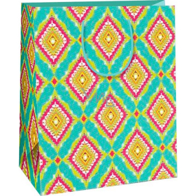 Ditipo Dárková papírová taška 26,4 x 13,7 x 32,4 cm tyrkysová, barevné kosočtverce