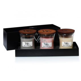 WoodWick Coastal Sunset + Vanilla Bean + Fireside vánoční dárková sada svíček s dřevěným knotem a víčkem sklo malá 3 x 85 g