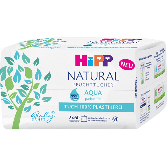 HiPP Babysanft Natural Aqua čisticí vlhčené ubrousky bez plastů pro děti 2 x 60 kusů