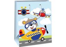 Ditipo Dárková papírová taška 26,4 x 13,6 x 32,7 cm pro děti - medvídek v letadle