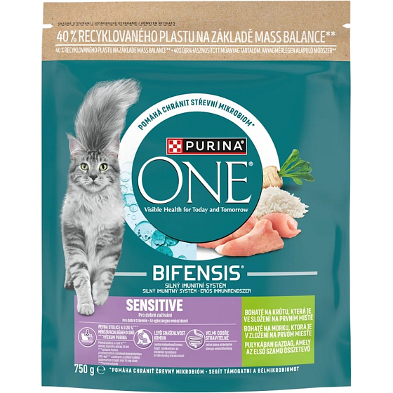 Purina ONE Bifensis Sensitive granule pro kočky krůta a rýže, 750 g