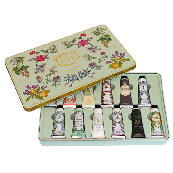 Panier des Sens Extra vyživující krém na ruce s obsahem esenciálních olejů v plechové krabičce 12 x 30 ml, kosmetická sada