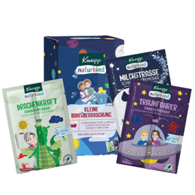 Kneipp Malé koupací překvapení Dračí síla sůl do koupele 40 g + Vesmírná jízda sůl do koupele 40 g + Mléčná dráha pěna do koupele 40 g, kosmetická sada pro děti
