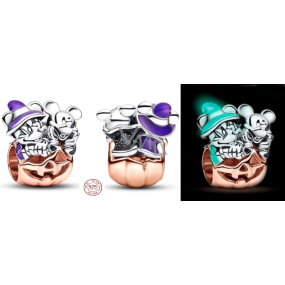 Charm Sterlingové stříbro 925 Disney Mickey Mouse & Minnie Mouse, zářící ve tmě, Halloweenský dýňový luminozní korálek na náramek